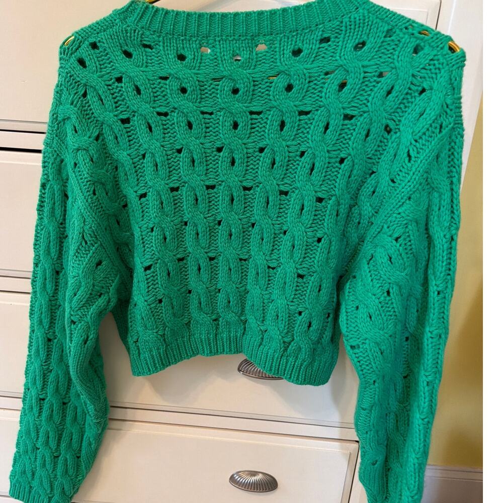 &merci Kelly Green Cropped Cable Knit Sweater Women's Medium Twee Open Stitch - Picture 4 of 7